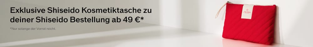 Exklusive Shiseido Kosmetiktasche gratis zu einer Shiseido Bestellung ab 49 Euro Mindestbestellwert, nur solange der Vorrat reicht.