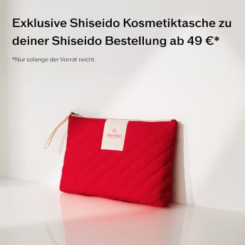 Exklusive Shiseido Kosmetiktasche gratis zu einer Shiseido Bestellung ab 49 Euro Mindestbestellwert, nur solange der Vorrat reicht.